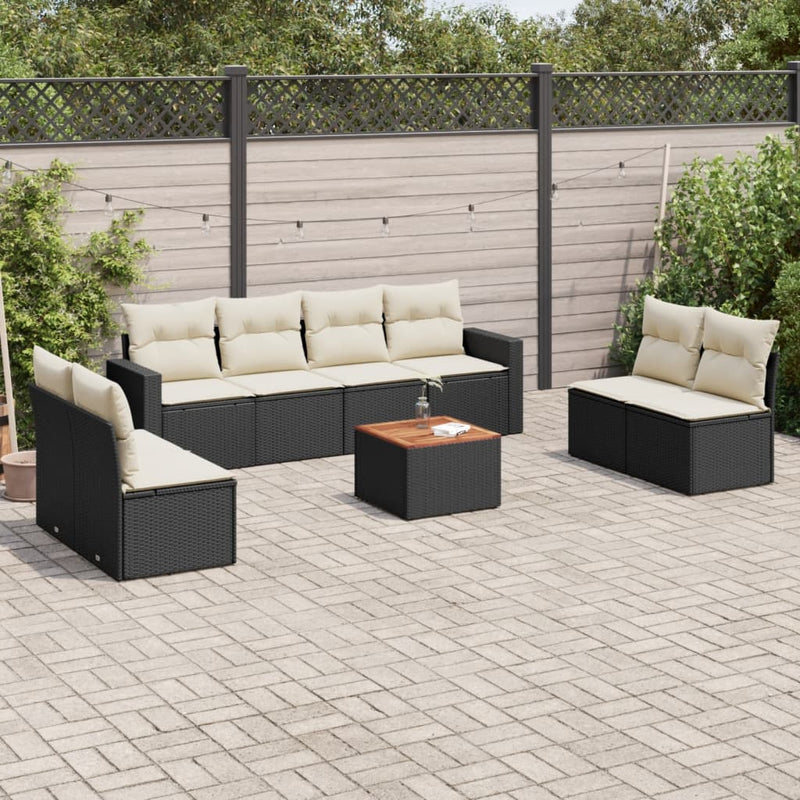 9 Piece Garden Sofa Set with Cushions Black Poly Rattan