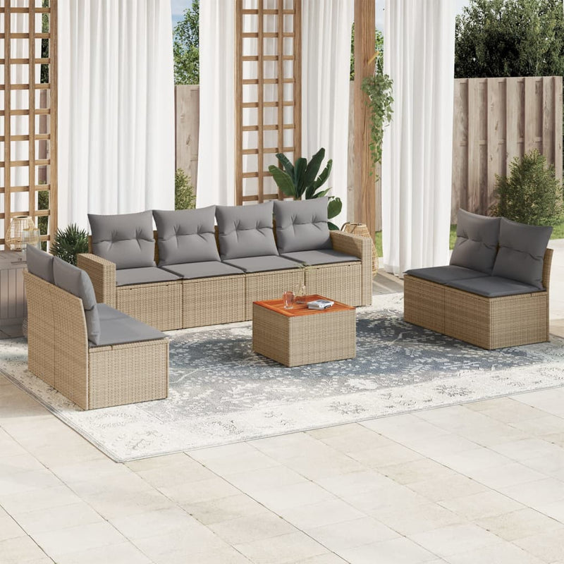 9 Piece Garden Sofa Set with Cushions Beige Poly Rattan