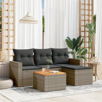 5 Piece Garden Sofa Set with Cushions Grey Poly Rattan