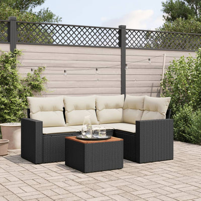 5 Piece Garden Sofa Set with Cushions Black Poly Rattan