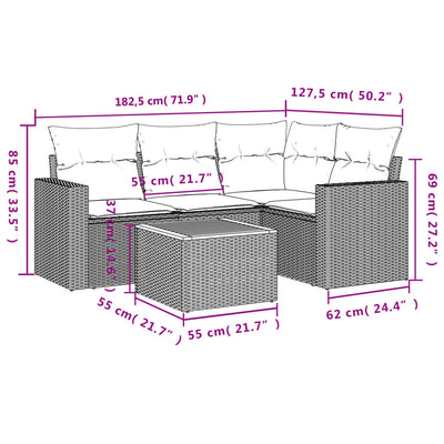 5 Piece Garden Sofa Set with Cushions Beige Poly Rattan