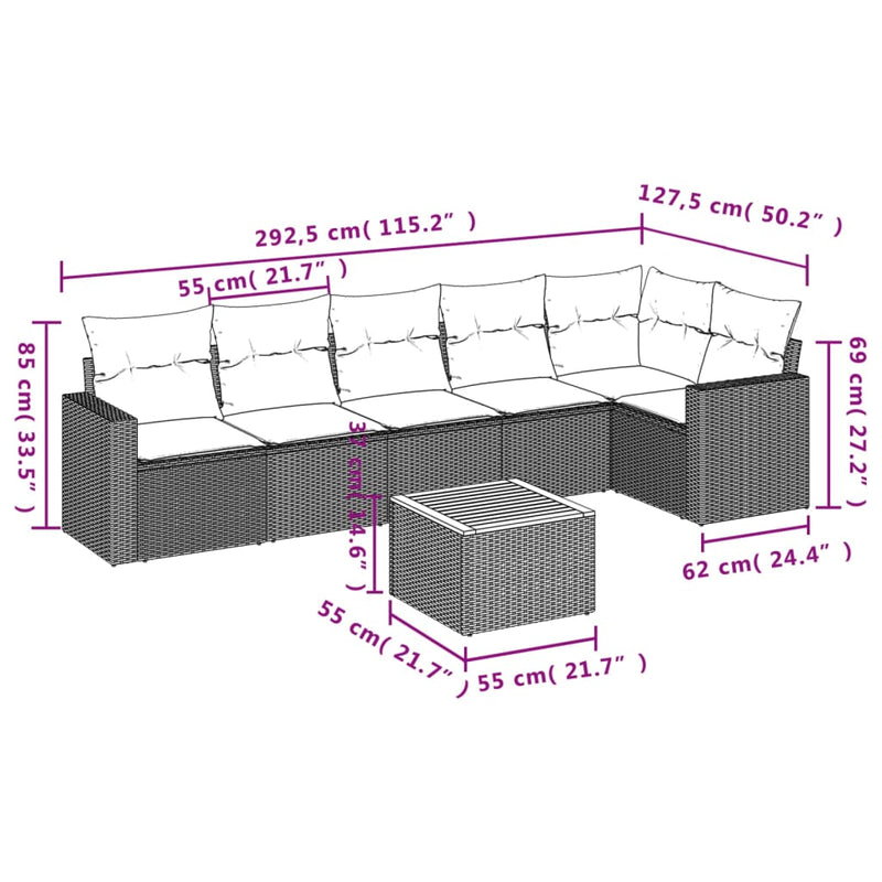 7 Piece Garden Sofa Set with Cushions Grey Poly Rattan