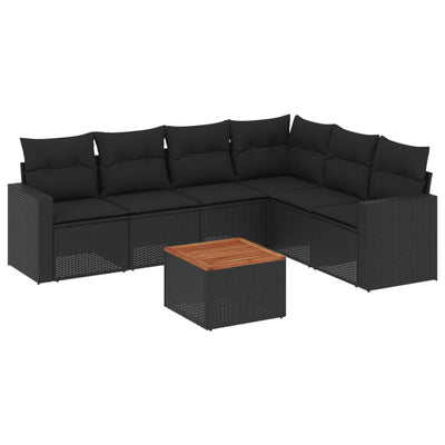 7 Piece Garden Sofa Set with Cushions Black Poly Rattan