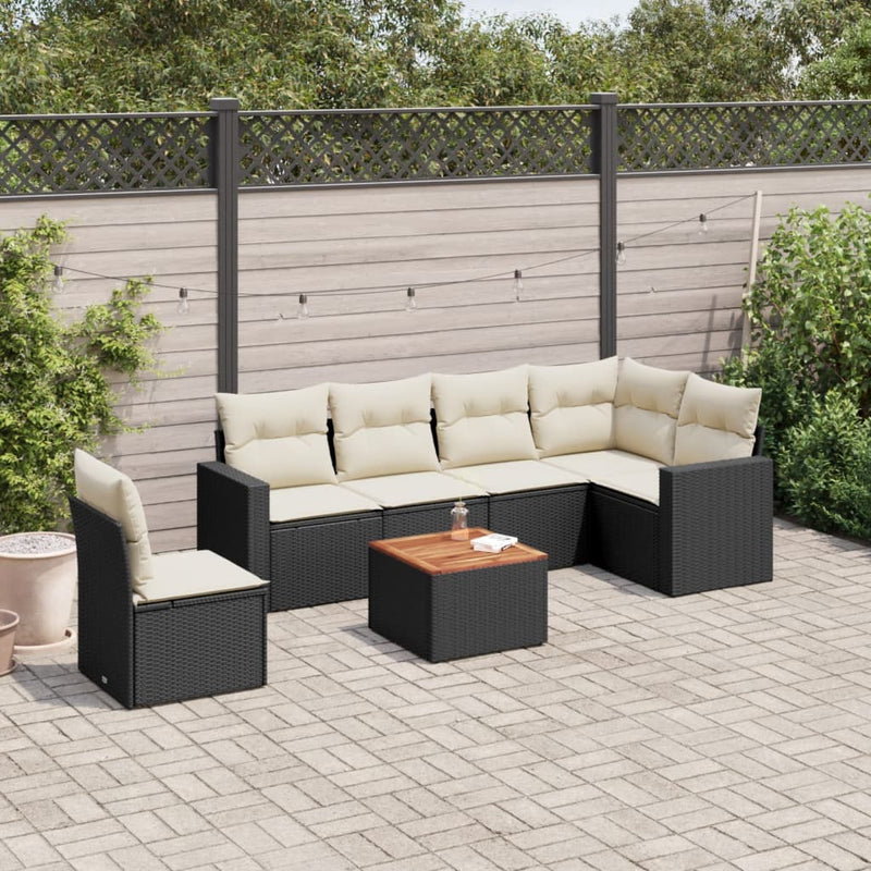 7 Piece Garden Sofa Set with Cushions Black Poly Rattan