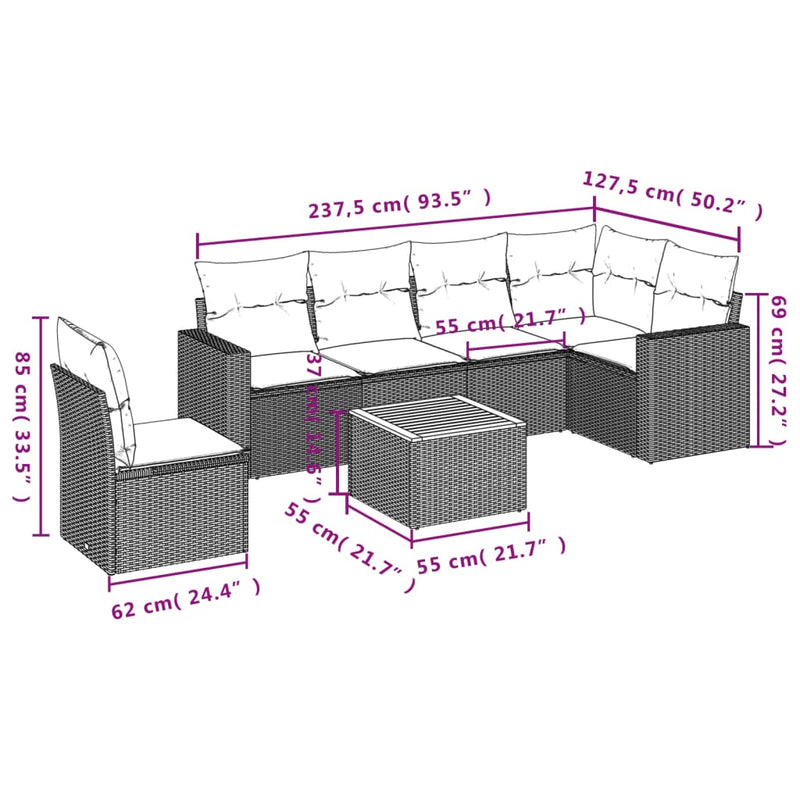 7 Piece Garden Sofa Set with Cushions Grey Poly Rattan