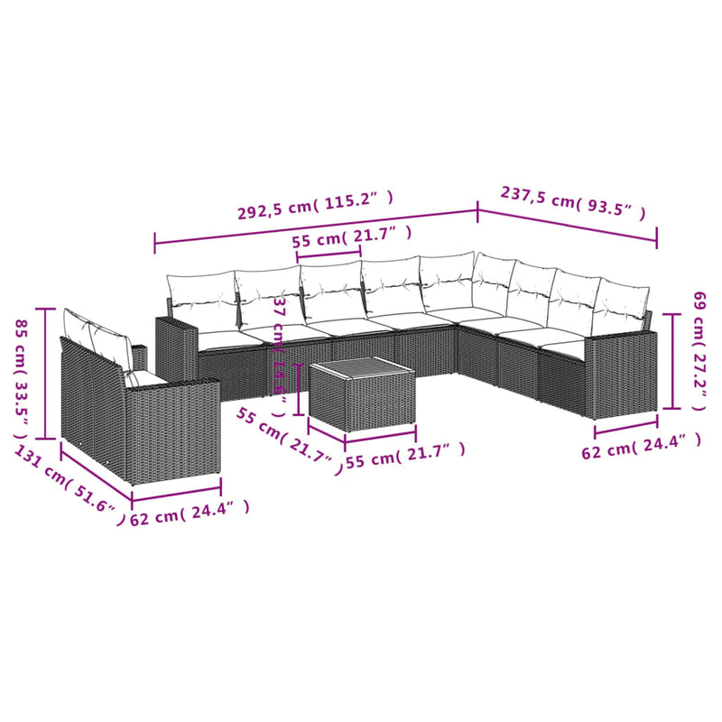 11 Piece Garden Sofa Set with Cushions Grey Poly Rattan