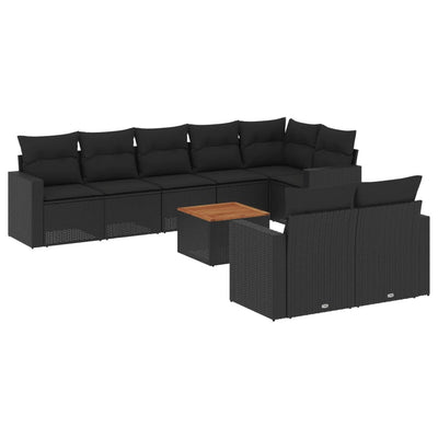 9 Piece Garden Sofa Set with Cushions Black Poly Rattan