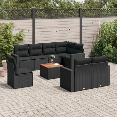 9 Piece Garden Sofa Set with Cushions Black Poly Rattan