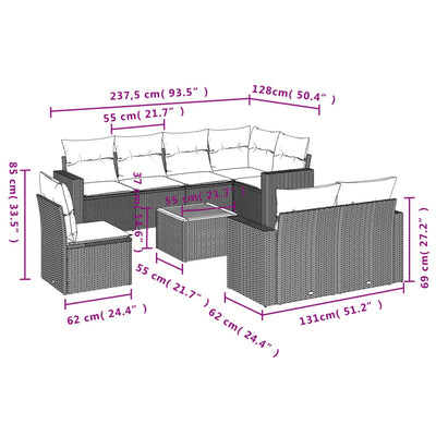 9 Piece Garden Sofa Set with Cushions Beige Poly Rattan