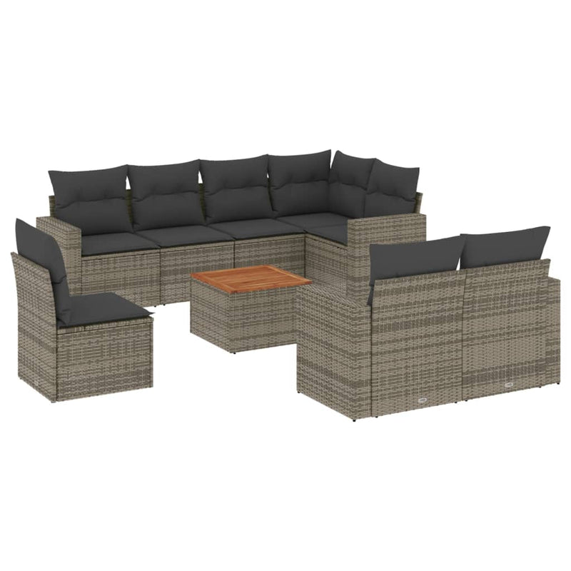 9 Piece Garden Sofa Set with Cushions Grey Poly Rattan