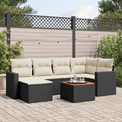 7 Piece Garden Sofa Set with Cushions Black Poly Rattan