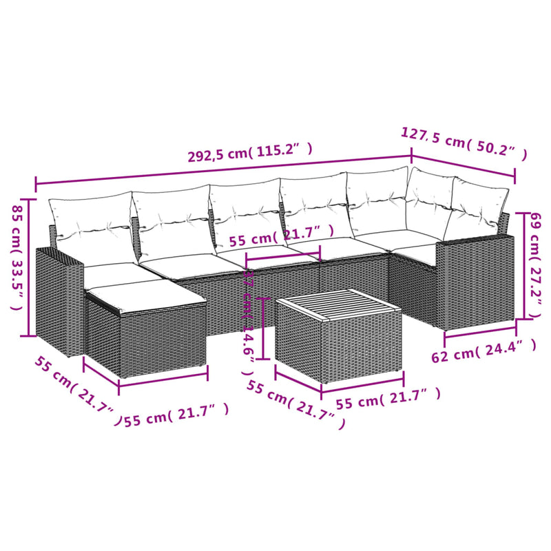 8 Piece Garden Sofa Set with Cushions Grey Poly Rattan