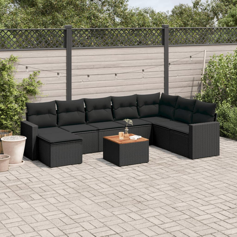 9 Piece Garden Sofa Set with Cushions Black Poly Rattan