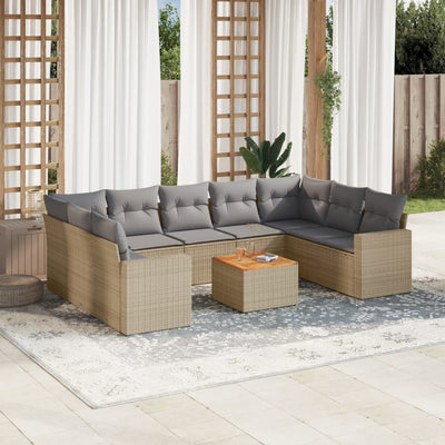 10 Piece Garden Sofa Set with Cushions Beige Poly Rattan