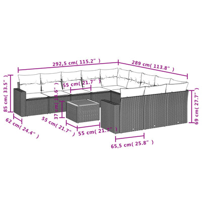 12 Piece Garden Sofa Set with Cushions Grey Poly Rattan