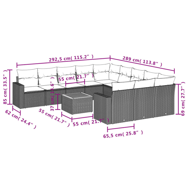 12 Piece Garden Sofa Set with Cushions Grey Poly Rattan