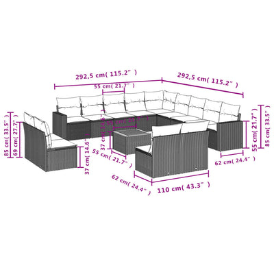 14 Piece Garden Sofa Set with Cushions Grey Poly Rattan