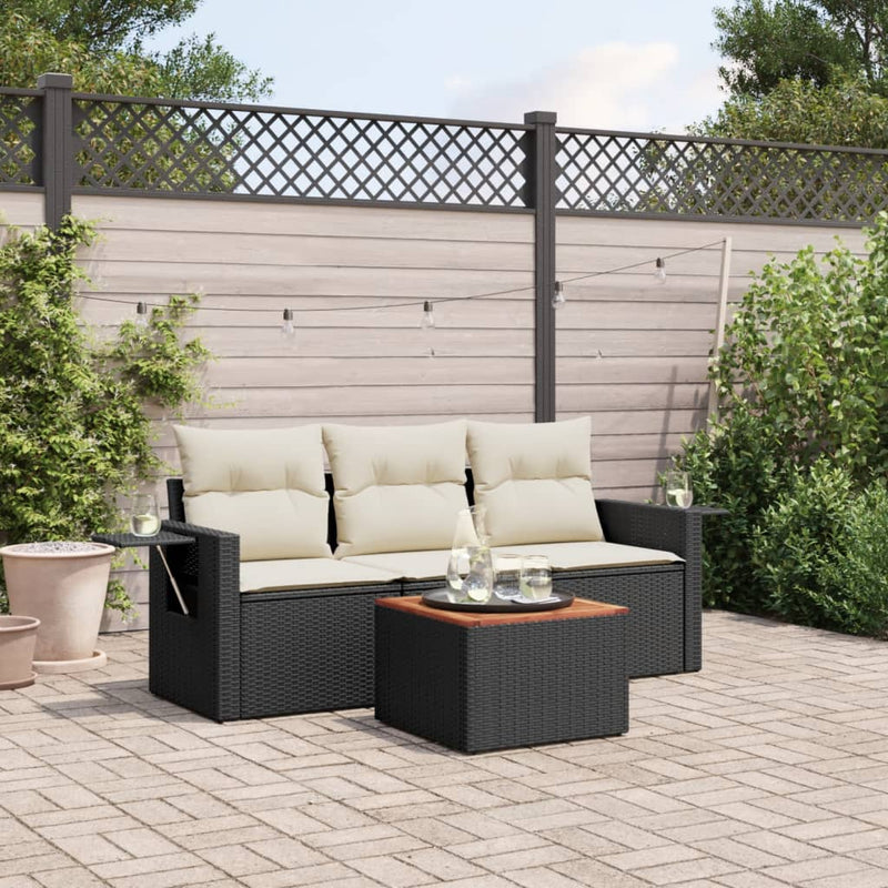 4 Piece Garden Sofa Set with Cushions Black Poly Rattan