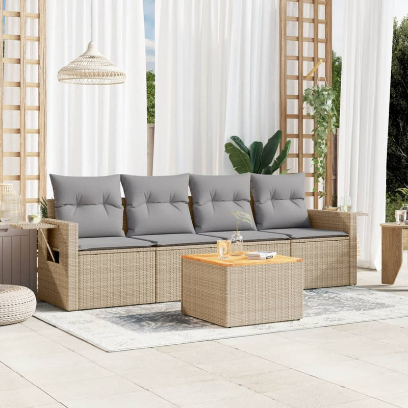 5 Piece Garden Sofa Set with Cushions Beige Poly Rattan