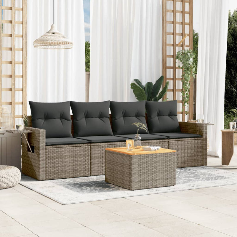 5 Piece Garden Sofa Set with Cushions Grey Poly Rattan