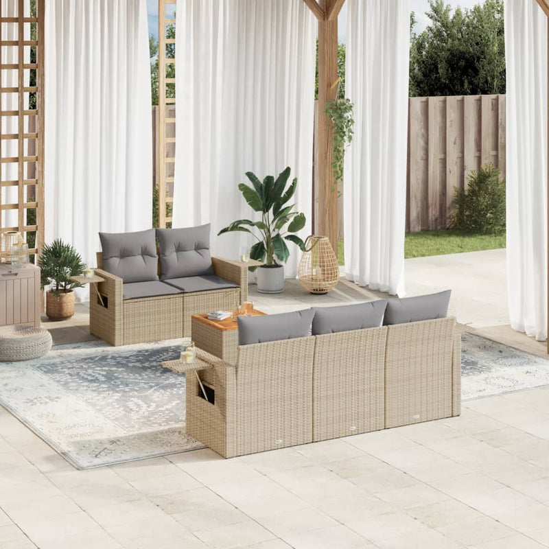 6 Piece Garden Sofa Set with Cushions Beige Poly Rattan