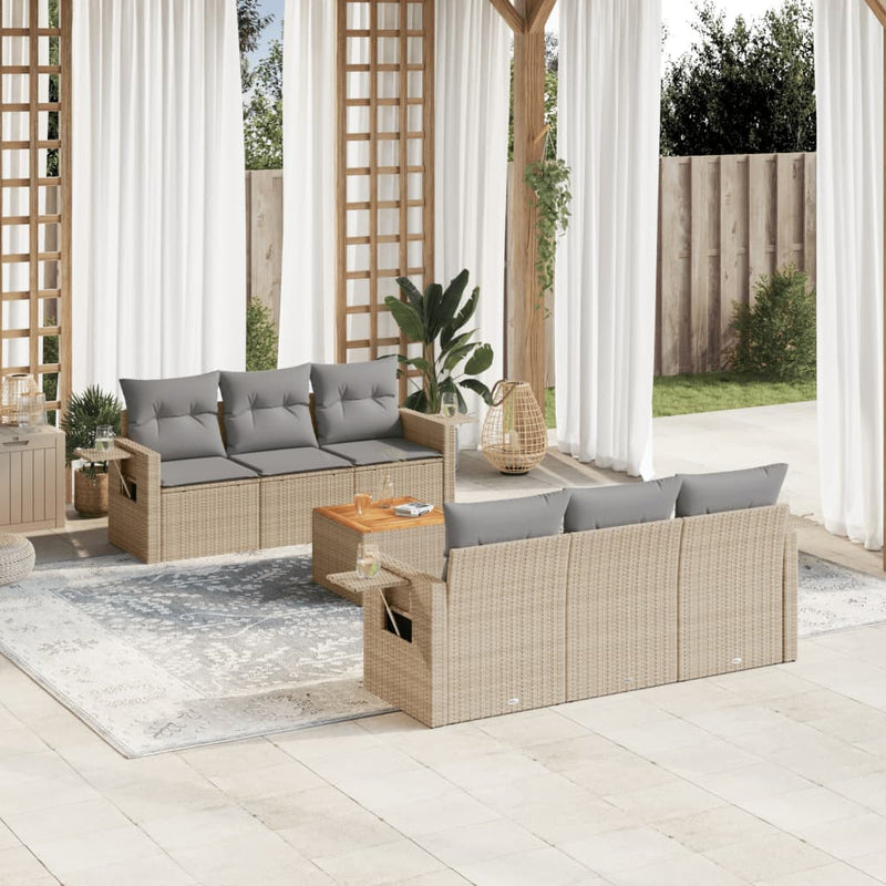 7 Piece Garden Sofa Set with Cushions Beige Poly Rattan