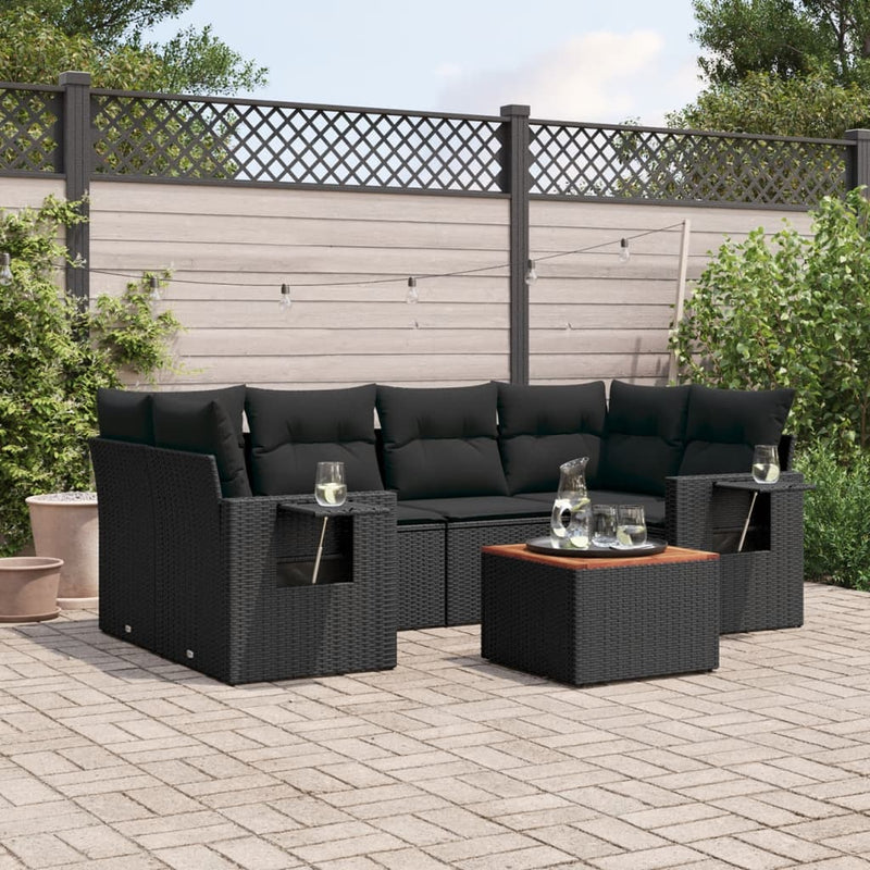 7 Piece Garden Sofa Set with Cushions Black Poly Rattan