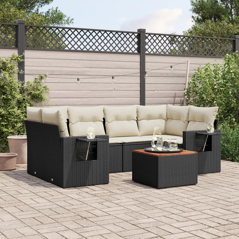 7 Piece Garden Sofa Set with Cushions Black Poly Rattan