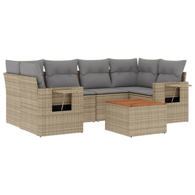 7 Piece Garden Sofa Set with Cushions Beige Poly Rattan