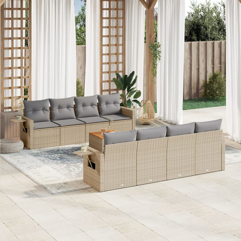 9 Piece Garden Sofa Set with Cushions Beige Poly Rattan