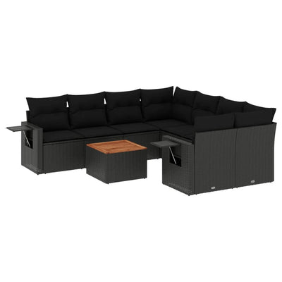 9 Piece Garden Sofa Set with Cushions Black Poly Rattan