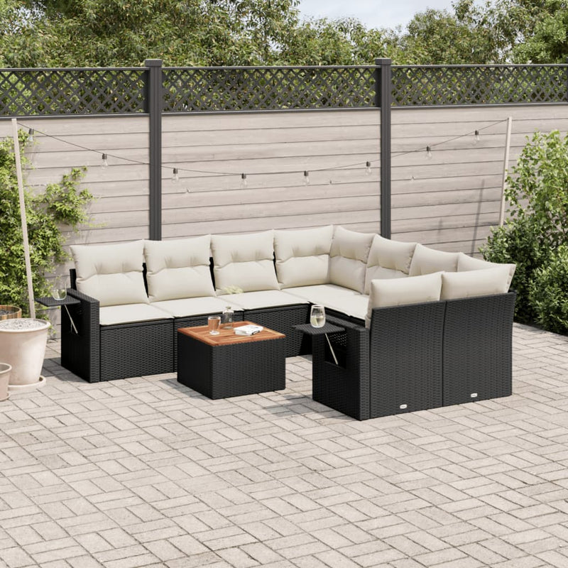 9 Piece Garden Sofa Set with Cushions Black Poly Rattan