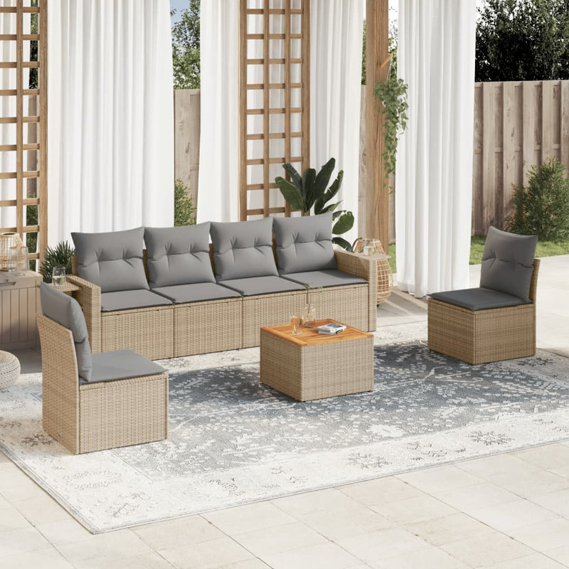 7 Piece Garden Sofa Set with Cushions Beige Poly Rattan