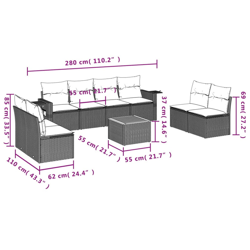 9 Piece Garden Sofa Set with Cushions Grey Poly Rattan