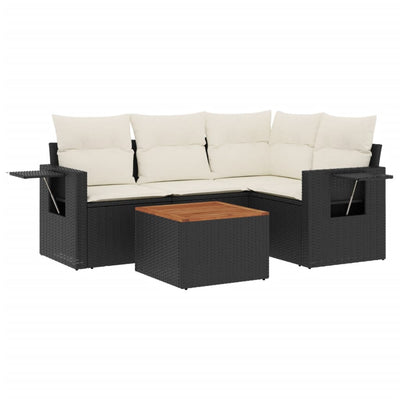 5 Piece Garden Sofa Set with Cushions Black Poly Rattan