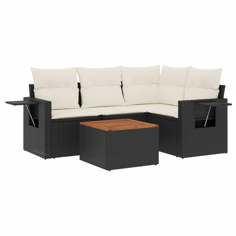 5 Piece Garden Sofa Set with Cushions Black Poly Rattan