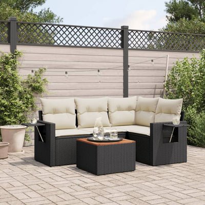 5 Piece Garden Sofa Set with Cushions Black Poly Rattan