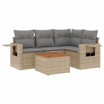 5 Piece Garden Sofa Set with Cushions Beige Poly Rattan