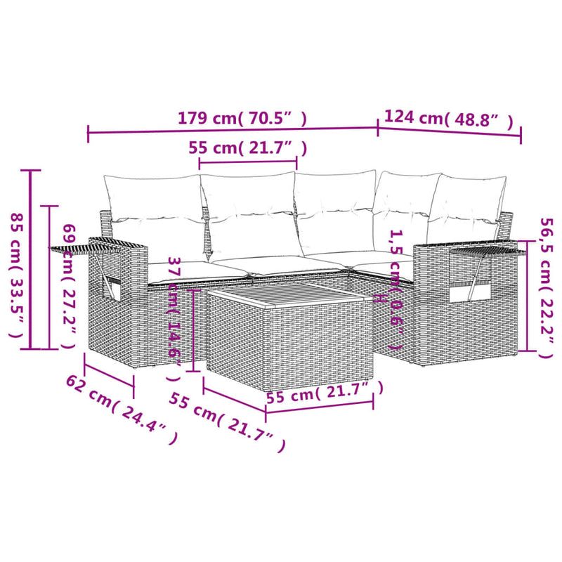 5 Piece Garden Sofa Set with Cushions Beige Poly Rattan