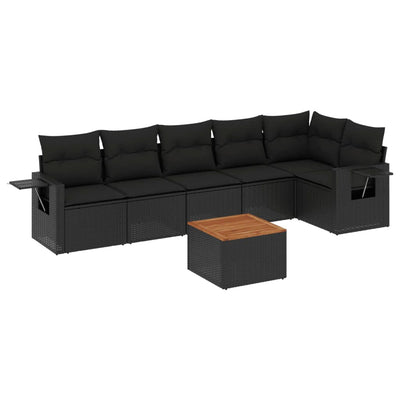 7 Piece Garden Sofa Set with Cushions Black Poly Rattan