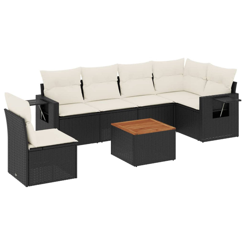 7 Piece Garden Sofa Set with Cushions Black Poly Rattan