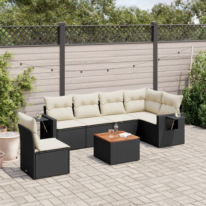 7 Piece Garden Sofa Set with Cushions Black Poly Rattan