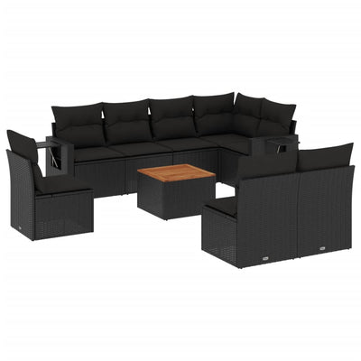 9 Piece Garden Sofa Set with Cushions Black Poly Rattan