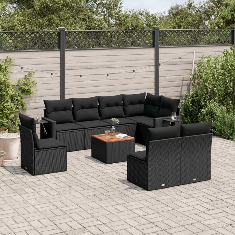 9 Piece Garden Sofa Set with Cushions Black Poly Rattan