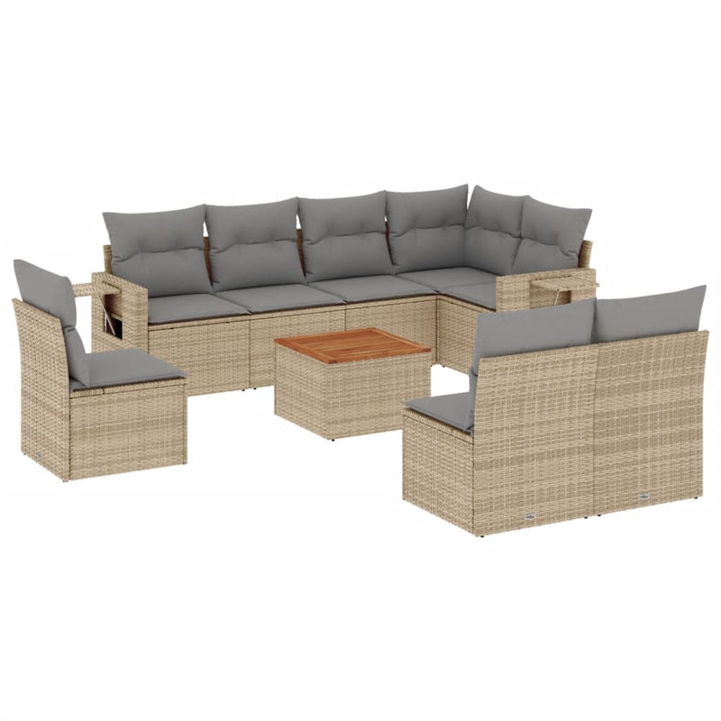 9 Piece Garden Sofa Set with Cushions Beige Poly Rattan