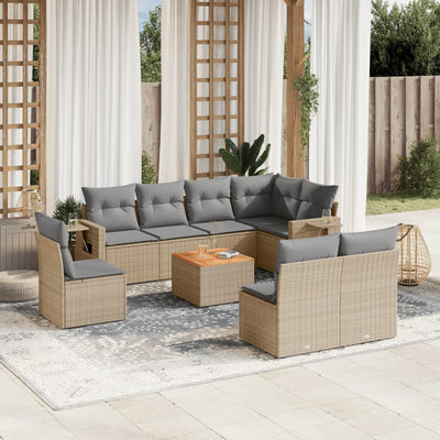 9 Piece Garden Sofa Set with Cushions Beige Poly Rattan