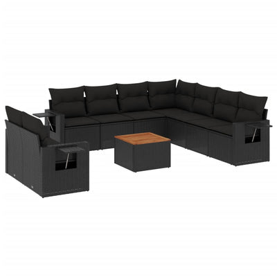 10 Piece Garden Sofa Set with Cushions Black Poly Rattan