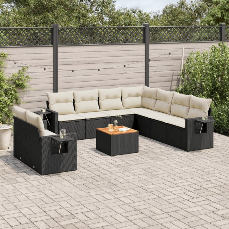 10 Piece Garden Sofa Set with Cushions Black Poly Rattan