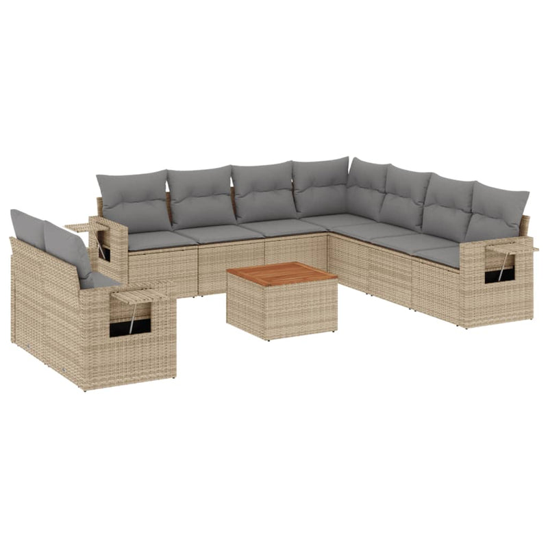 10 Piece Garden Sofa Set with Cushions Beige Poly Rattan