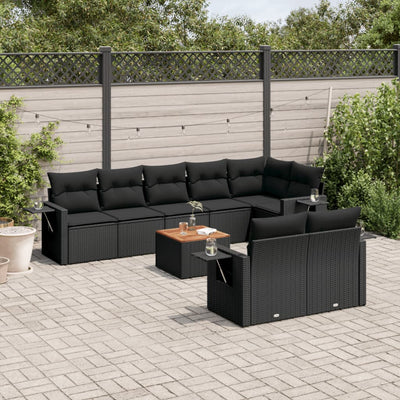 9 Piece Garden Sofa Set with Cushions Black Poly Rattan